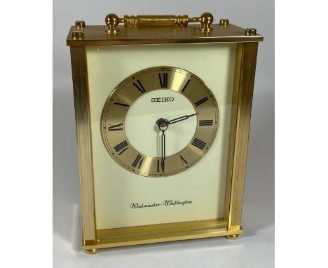 A VINTAGE SEIKO WESTMINSTER WHITTINGTON QUARTZ BRASS ALARM MANTLE CLOCK, HEIGHT 21CM 