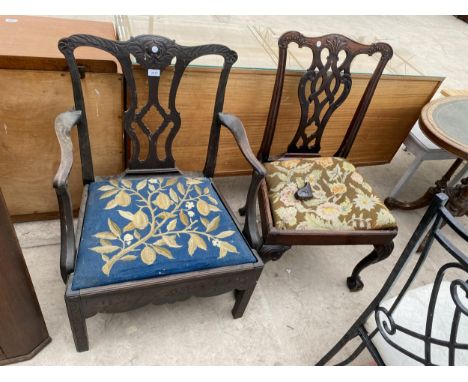 A MAHOGANY CHIPPENDALE STYLE BOW CHAIR AND SIMILAR DINING CHAIR 