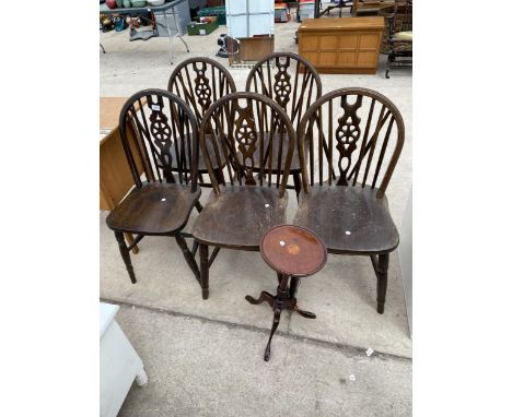 A SET OF FIVE MODERN WHEELBACK WINDSOR STYLE CHAIRS AND MAHOGANY AND INLAID TRIPOD WINE TABLE 