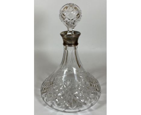 A CUT GLASS SHIPS DECANTER WITH MAPPIN &amp; WEBB HALLMARKED SILVER COLLAR, HALLMARKS FOR BIRMINGHAM 1992, HEIGHT 28CM 