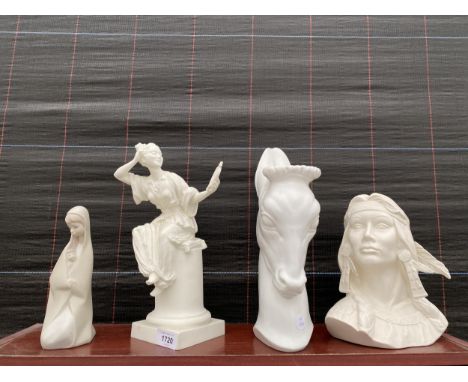 A LLADRO FIGURE, A ROYAL WORCESTER FIGURE, A ROYAL WORCESTER HORSES HEAD VASE AND A FURTHER FIGURE (SOME A/F) 