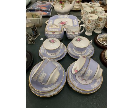 A COPELAND SPODE ,MARITIME ROSE' TEASET TO INCLUDE A CAKE PLATE, SUGAR BOWL, CREAM JUG, CUPS, SAUCERS AND SIDE PLATES 