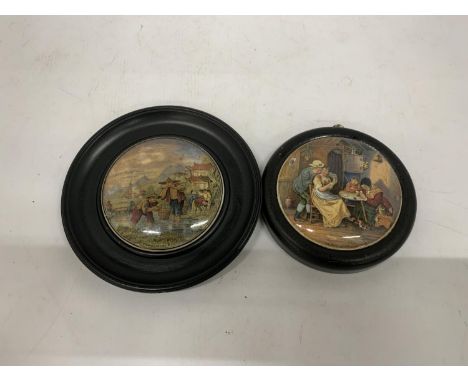 TWO FRAMED PRATTWARE POT LIDS 