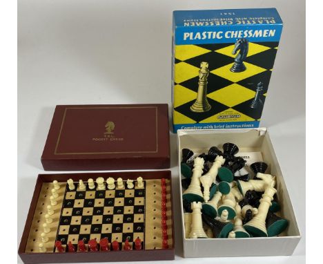 TWO CHESS SETS - BOXED PLASTIC CHESSMEN AND T.S.L TRAVELLING SET, BOTH COMPLETE 