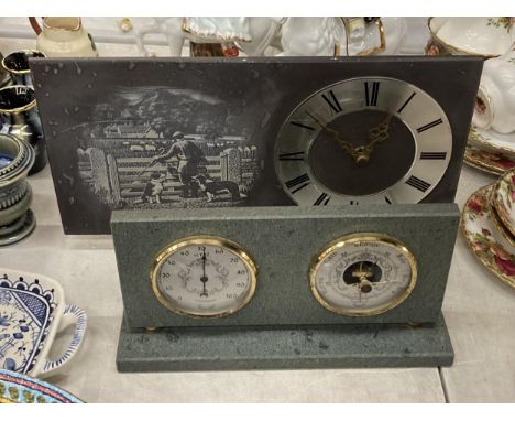 A SLATE MANTLE CLOCK WITH A SHEPHERD AND SHEEPDOG IMAGE AND A SLATE BAROMETER AND HYGROMETER 