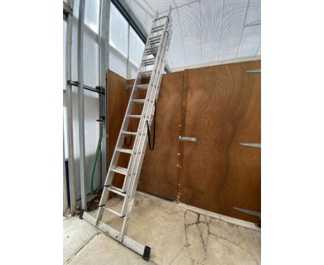 A LYTE 36 RUNG THREE SECTION ALUMINIUM EXTENDING LADDER WITH FOOT PLATE 