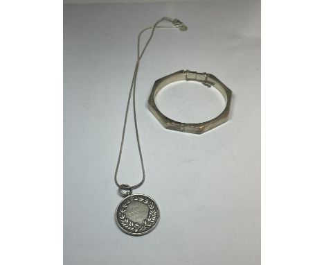 A SILVER BANGLE AND A SILVER NECKLACE WITH PENDANT 