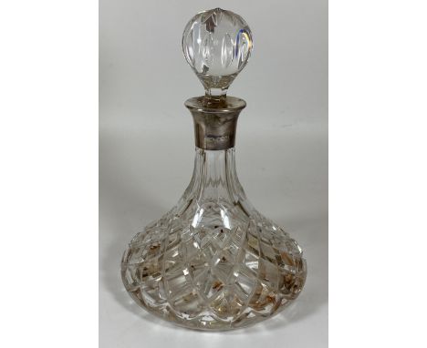 A CUT GLASS SHIPS DECANTER WITH HALLMARKED SILVER COLLAR, HALLMARKS FOR LONDON, 2002, MAKERS HARRISON BROTHERS &amp; HOWSON L