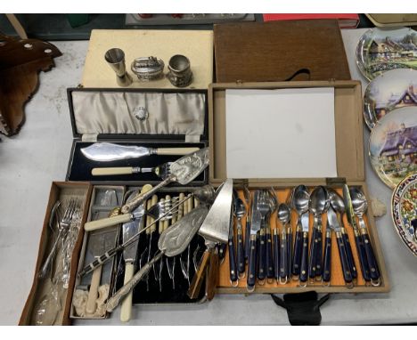 A QUANTITY OF VINTAGE FLATWARE, SOME BOXED, TO INCLUDE SERVING SETS PLUS A TABLE LIGHTER, ETC 