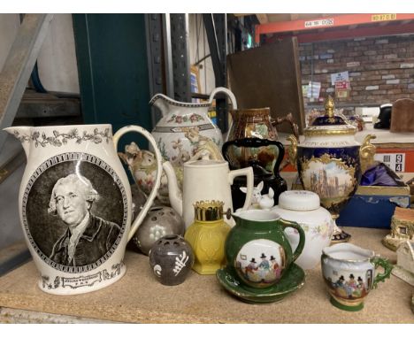 A QUANTITY OF CERAMIC ITEMS TO INCLUDE A COALPORT URN, A WEDGWOOD JUG WITH JOSIAH WEDGWOOD PORTRAIT, VICTORIAN TEAPOT, A WORC