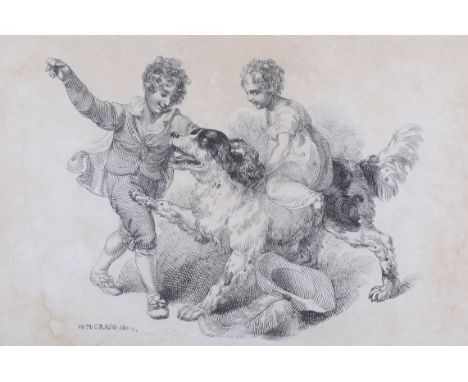 William Marshall Craig (British, 1765-1827), print, 'Children playing with a Spaniel'. Published by J Oslell 1807, 42cm x 28.