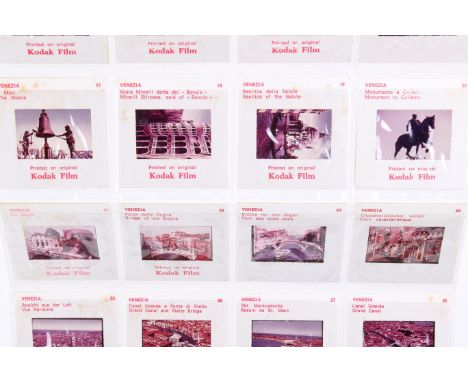 A pack of 36 Kodak Souvenir film slides of Venice. Including photographs of cityscapes, canals, and sites of interest.