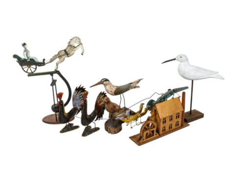 A collection of assorted 'folk art' items. Consisting of three shoreline bird decoys, a pair of toleware roosters and three a