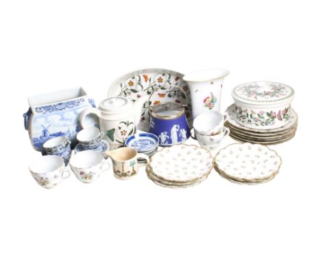 A group of ceramic vessels and dishes. Including Portmeirion lidded dish, Dresden plates, a Jasperware biscuit barrel, etc. 