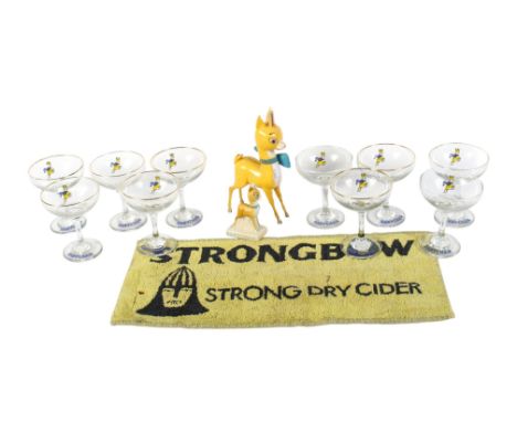 A collection of assorted vintage Babycham and other related products. Including ten glasses, a plastic deer and a  ceramic Ca