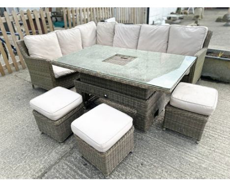 Contemporary Mazerattan suite of garden furniture. Including a corner seat, table and three stools. With cushions