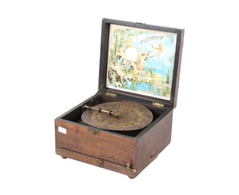 A Victorian mahogany cased Polyphon music box and metal discs. H16cm x W26cm x D24cm