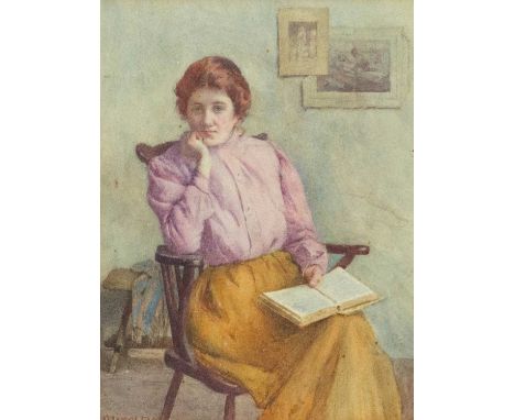 Walter LANGLEY (1852-1922) A New Chapter  Watercolour, signed, 32 x 24.5cm, 53 x 42cm framed.This captivating portrait is mos