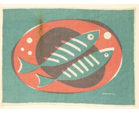 Denis MITCHELL (1912-1993) Two Fish on a Plate (Porthia Prints, 1955)  Screenprint on fabric, signed within the print, 34 x 4