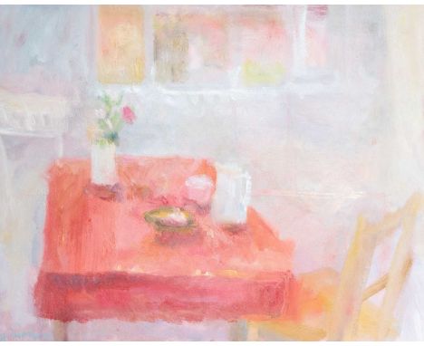 Alice MUMFORD (1965) Pink Tablecloth (2012) Oil on canvas, signed and dated '12, 61 x 76cm, 80 x 94cm framed.