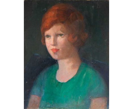 Emily ALLNUTT (1869-1944) Green Eyed Girl   Oil on panel, signed, 41 x 33cmAllnutt studied at the Slade and in Paris and firs