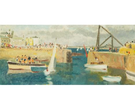 Alethea GARSTIN (1894-1978) Mousehole Regatta   Oil on panel, oil study of country gate to verso, 14 x 30cm, framed 24 x 39.5