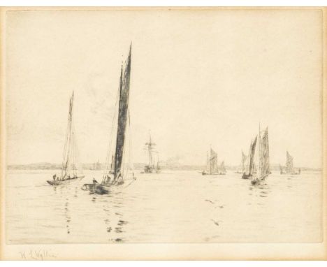 William Lionel WYLLIE (1851-1931) Fishing Boats in a Bay  Etching, signed, plate size 12 x 16.5cm, 25 x 28.5cm framed.