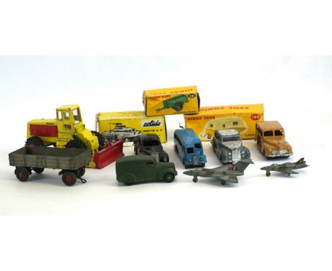 Twelve diecast vehicles and airoplanes by various makers
Including Dinky Toys, Mitchigan 180-111 tractor dozer no. 976 in bub