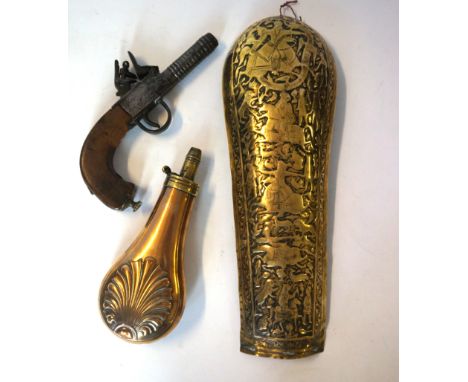 An early 19th Century box-lock flintlock pocket pistol
With 7cm ring turned barrel, wooden slab butt, the trigger guard stamp