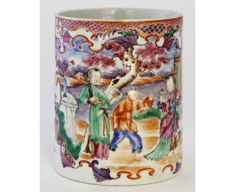 A Chinese famille rose export porcelain tankard, circa 1770-1820
Of cylindrical form with dragon and twin strap handles, the 