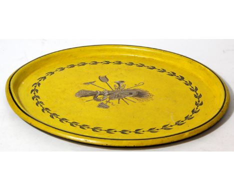 A Victorian hand painted tole tray of oval form
Painted in unusual yellow colourway, decorated with a central panel of farm t