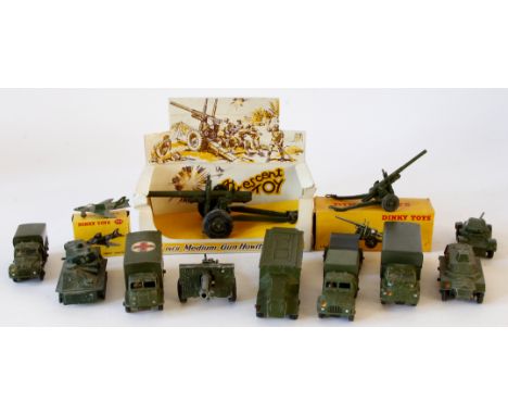 A quantity of military diecast vehicles
Comprising of boxed Crescent 5.5 inch medium gun Howitzer and twelve Dinky toys inclu