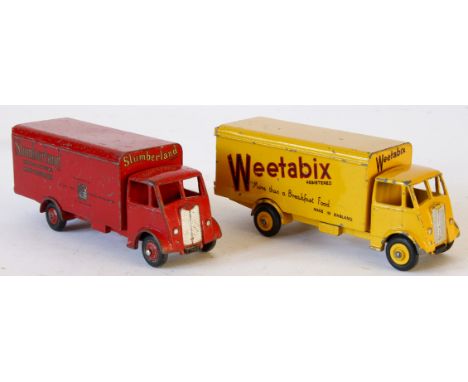 Two unboxed Dinky Guy vans no. 514
Comprising 'Weetabix' - yellow cab, box van body, Supertoy hubs, black/red lettering to si