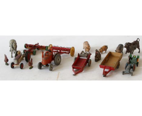 A quantity of farm related items including metal animals and figures and a quantity of unboxed Dycast tractors and machinery

