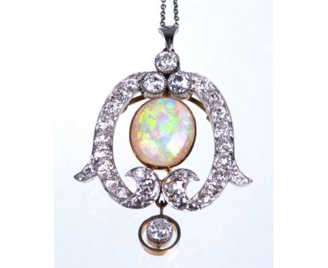 An exceptional Belle Epoque opal and diamond brooch/pendant circa 1900
The central oval cabochon opal of approx 15x13mm in a 