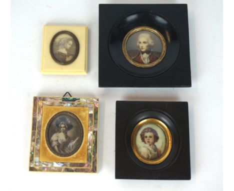 A collection of four early to mid 20th Century portrait miniatures
Comprising print and photographs and an oil on paper depic