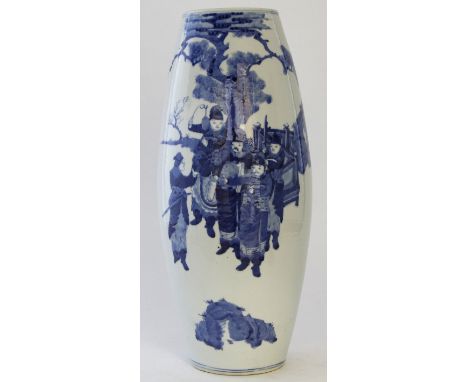 A Chinese blue and white Kangxi style ovoid form vase, 19th Century 
Of tapered ovoid form, the white glazed body painted in 