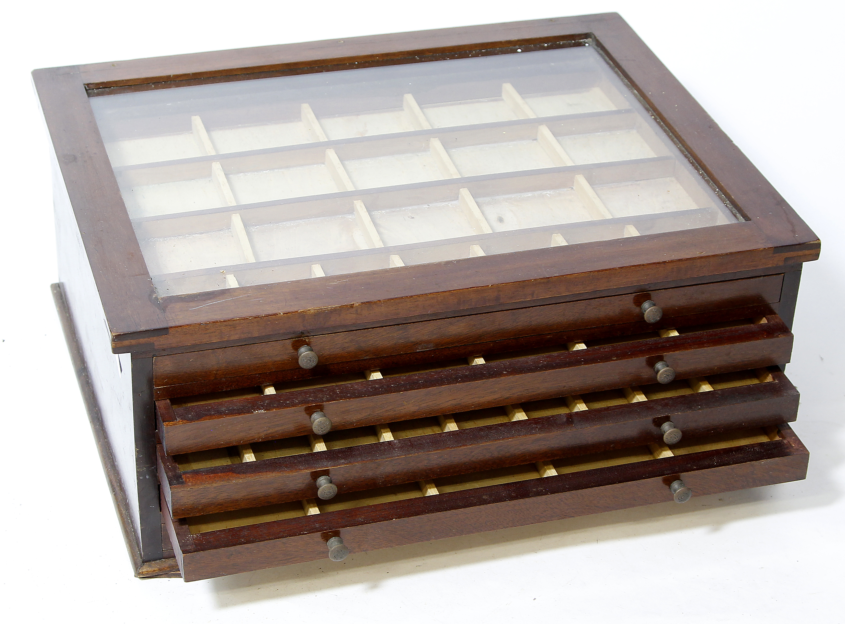 A Mid 20th Century Mahogany Specimen Coin Cabinet The Glazed Hinge