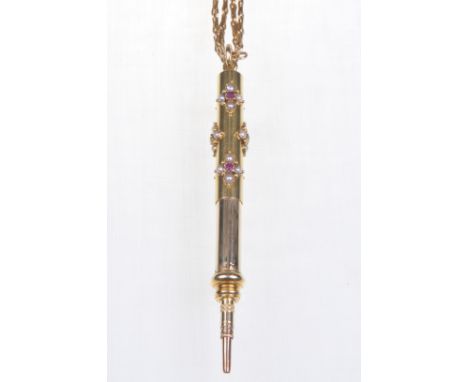 A late 19th/early 20th Century gem set retractable pencil and chain
The retractable pencil set with quatrefoil's of split pea