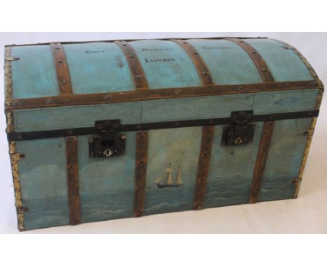 A 19th Century style domed Seaman's trunk, 20th Century 
Being of wooden construction with applied metal mounts, locks and hi