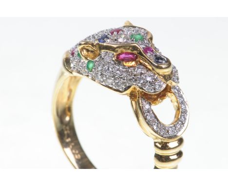 A contemporary gem set leopards head ring
Pavè set with diamonds with ruby, emerald and sapphire accents, band hallmarked 18c