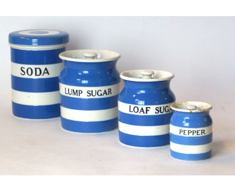 A collection of four T.G. Green Cornish kitchenware storage jars
To include a soda caddy, height 18cm, lump sugar, height 14.