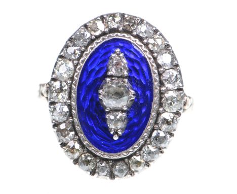 A fine Georgian blue enamel and diamond set plaque ring, circa 1800
The central oval of blue guilloche enamel with applied tr