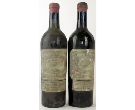 2 bottles Chateau Margaux Premier Grand Cru Classe Margaux 1929 (1x L/S, 1x M/S)Labels intact and legible but badly cellar so