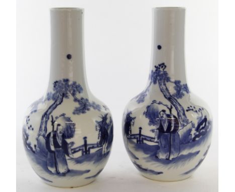 A pair of Chinese blue and white bottle vases, Kangxi four-character mark, 19th/20th Century 
The rounded bodies rising to a 