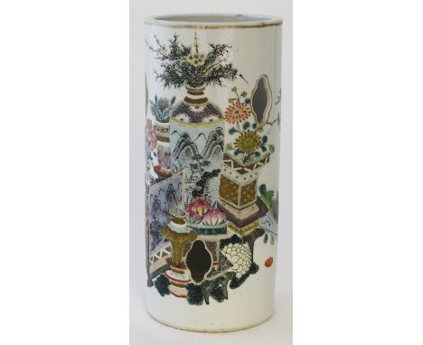 A Chinese famille rose sleeve vase, Republic period (1912-49)
Of cylindrical form, with a series of fan shaped aperatures to 