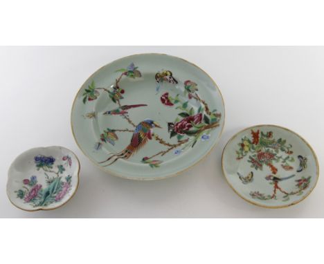 A collection of Chinese porcelain famille rose items, late 19th/20th Century 
Comprising a large celadon ground dish, painted