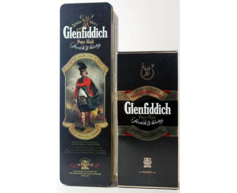1 half Flask Glenfiddich 8yo together with 1 bottle Glenfiddich 8yo in 'Clans of the Highlands' Presentation Tin - Clan Montg