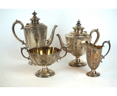 A fine quality Victorian heavy gauge hallmarked silver four piece tea service
Comprising pedestal teapot, pedestal hot water 