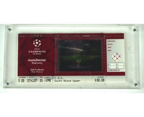 A 2003 UEFA Champions League Final football ticket stub
Fitted in a perspex display case and original box, held at Old Traffo